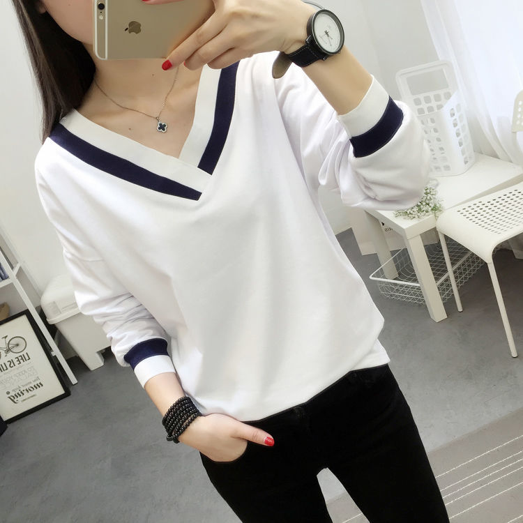 Autumn 2020 new school style V-Neck long sleeve T-shirt for female Korean students loose and versatile T-Shirt Top