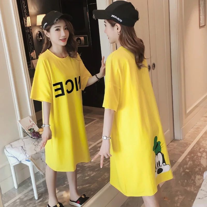 Nightdress women summer Korean version lovely loose ladies medium length short sleeve large size student pajamas spring and autumn home wear