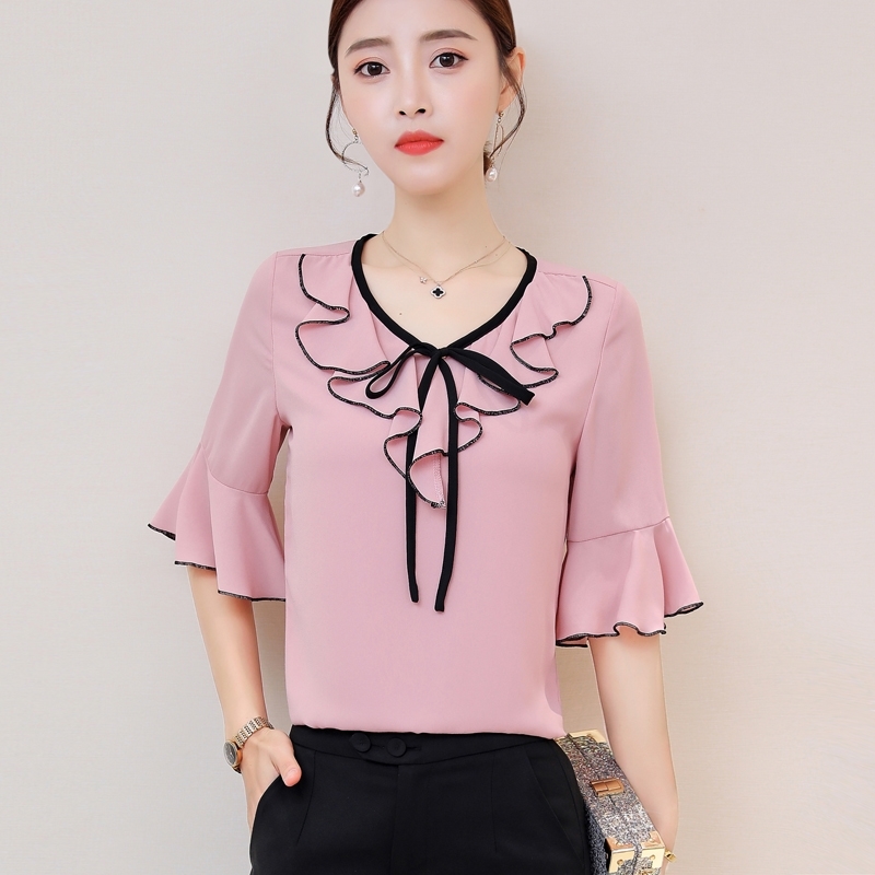 [m-4xl opaque large women's wear] Short Sleeve Chiffon shirt for women 2020 summer new cover belly trumpet sleeve shirt woman