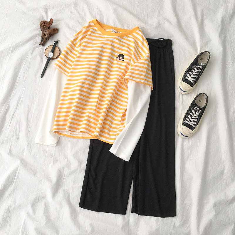 Cotton / single / suit net red suit female student Korean loose fake two piece long sleeve T-shirt wide leg pants 2-piece set