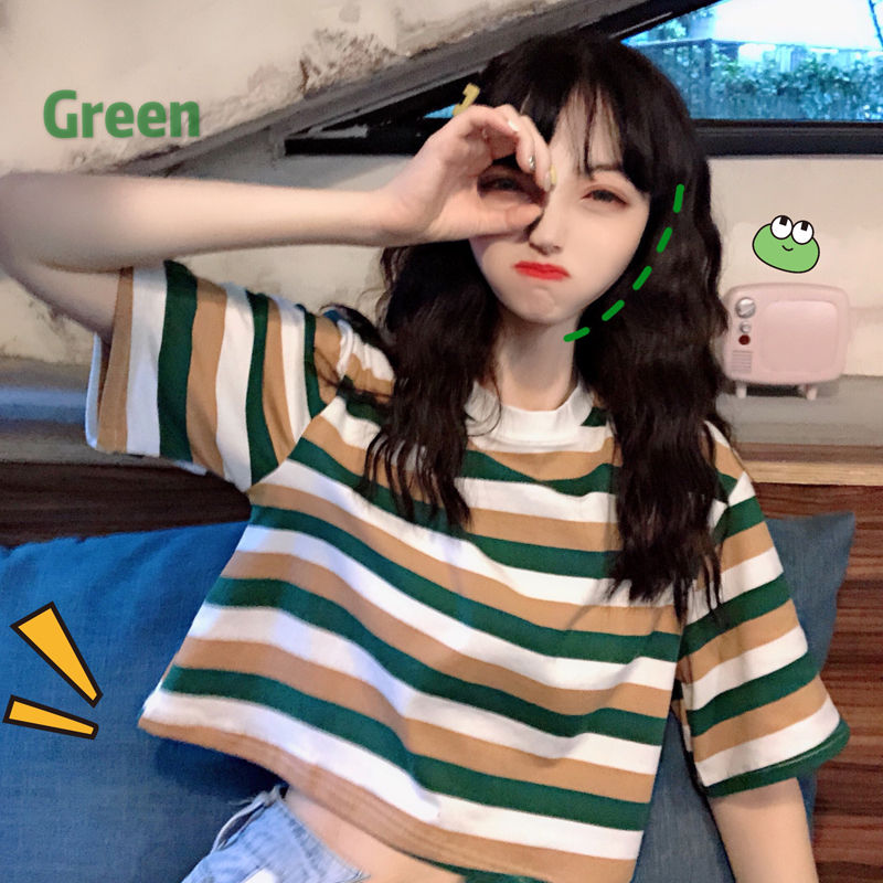 Summer 2020 new Korean version loose ins stripe open navel short T-shirt for female students