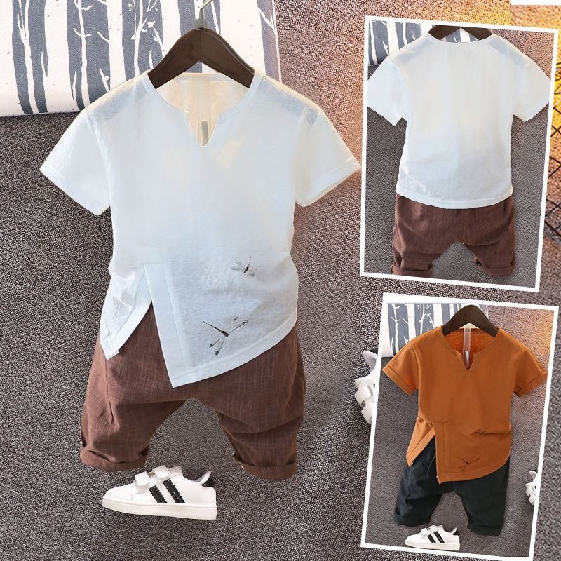 Boys' short sleeve suit summer 2020 new children's wear 5 cotton hemp summer clothes boys' clothes baby 6 children's two piece set