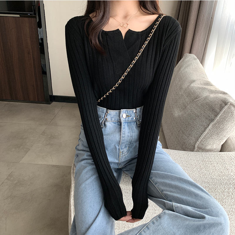 Real shot autumn and winter new slim fit V-neck Pullover long sleeve sweater women's bottoming Shirt Top