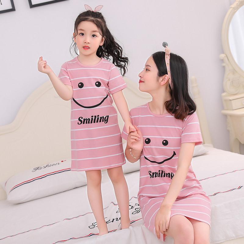 Children's nightdress short sleeve summer girl's pure cotton parent child baby thin princess skirt girl's pajamas parent child home dress