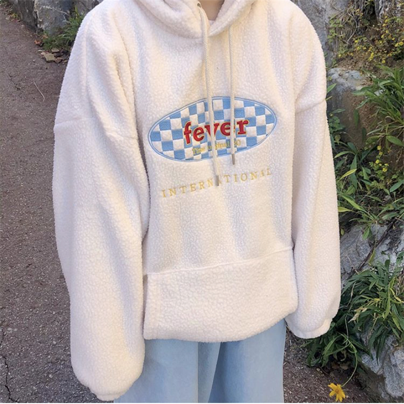 ~Soft and warm sherpa embroidered letter hoodie sweatshirt loose retro Korean