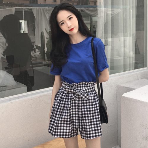 Single T-shirt yuan can be matched with T-shirt round neck short sleeve shorts two piece Plaid Wide Leg Pants Set