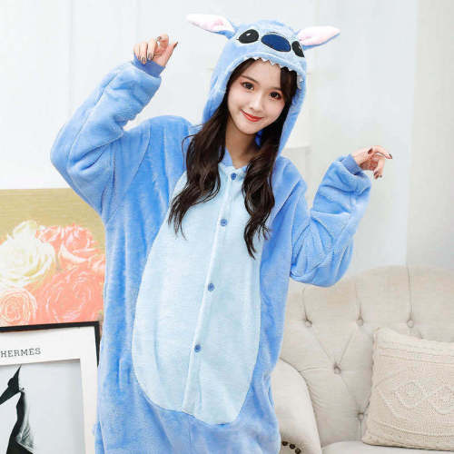 Autumn and winter blue boy Steve flannel cartoon animal one piece pajamas men and women couple coral velvet dinosaur suit