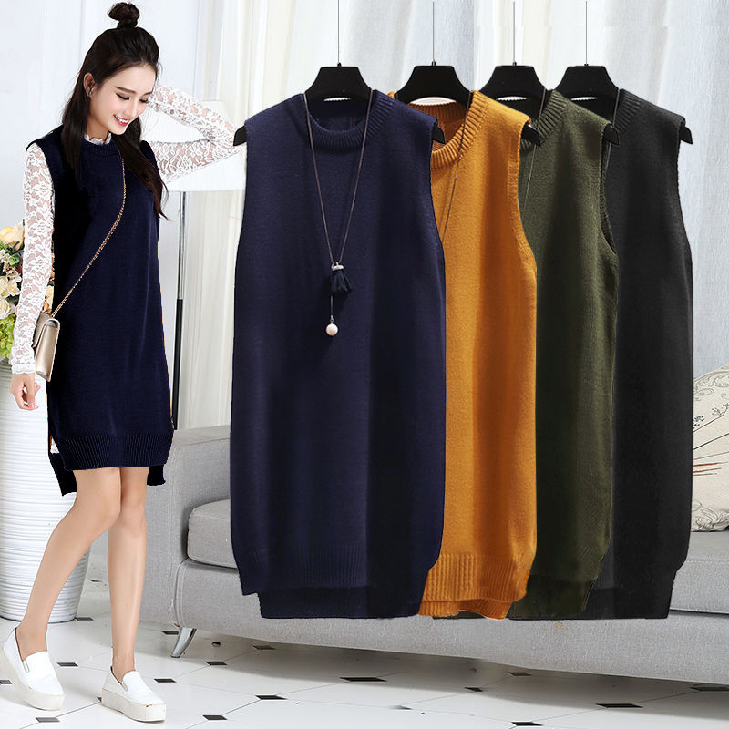 Sleeveless sweater loose knit shirt waistcoat versatile medium length Korean round neck Pullover vest skirt waistcoat jacket woman