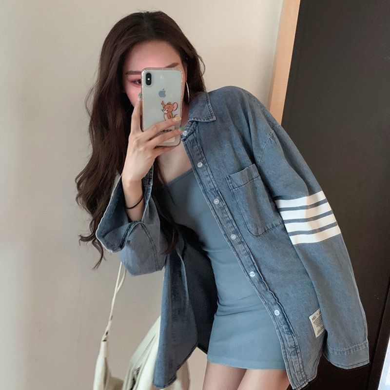 Summer autumn fat mm THIN denim medium length coat ins long sleeve loose large women's shirt medium length coat