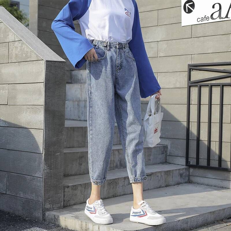 Jeans female loose Korean student retro slim high waist Harem Pants wide leg Capris net red dad pants
