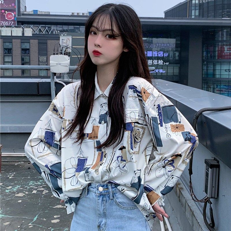 Ins super fire creative printed shirt autumn women's Korean version retro college style loose thin long sleeve shirt students