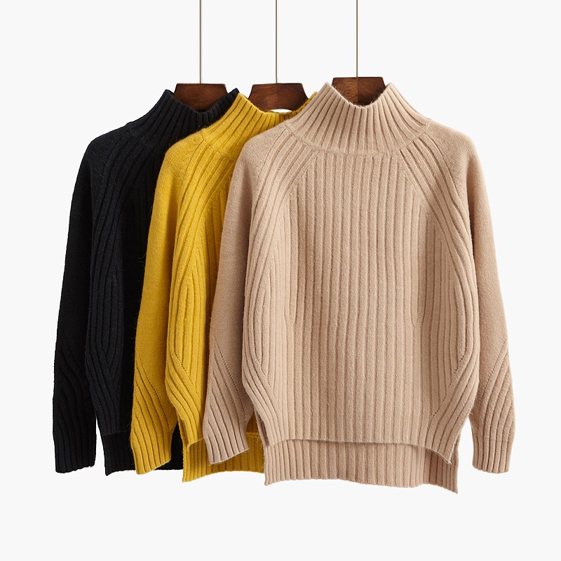 High collar sweater women's autumn winter Pullover loose sweater Korean version black long sleeve front short back long thick bottoming shirt