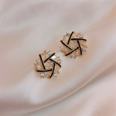 Korean version East Gate temperament petals cross Zircon Earrings mesh red simple versatile Earrings S925 silver needle