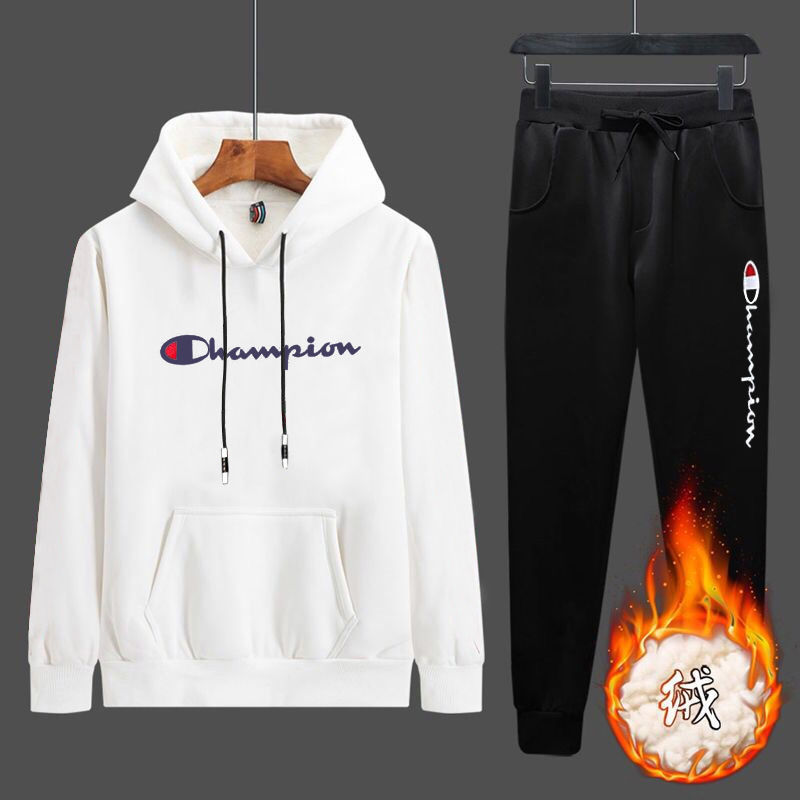 Plush suit men's autumn winter hooded sportswear youth student long sleeve champion sweater pants two piece fashion