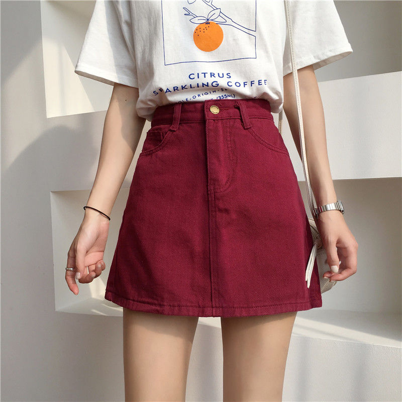 Chic wine red denim skirt female students Korean version of summer new high waist skirt shows thin, versatile A-line skirt