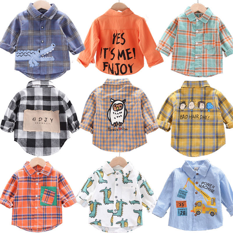 Boys' long sleeve shirt Plaid baby spring coat top children's cardigan children's spring and autumn turnover collar shirt