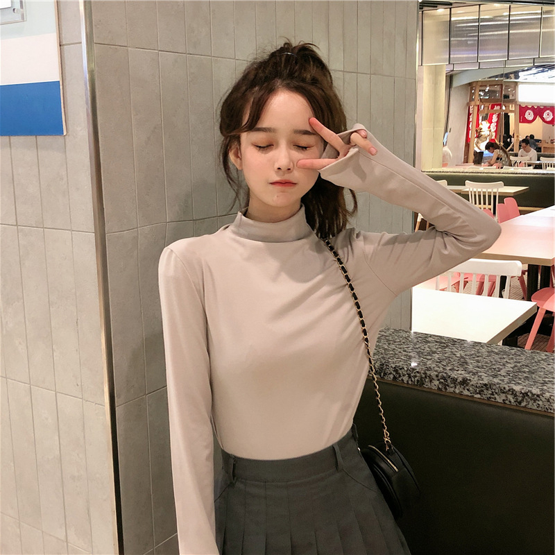 Spring and winter 2020 new long sleeve T-shirt with half high collar and bottom coat for women