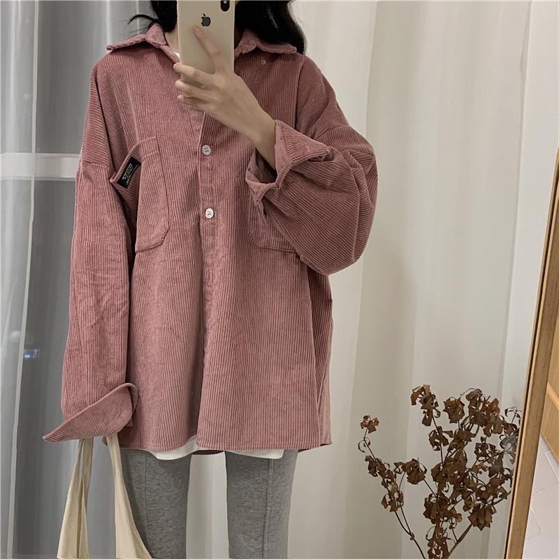 Autumn 2020 new long sleeve shirt female student loose Korean corduroy shirt coat looks thin and versatile top
