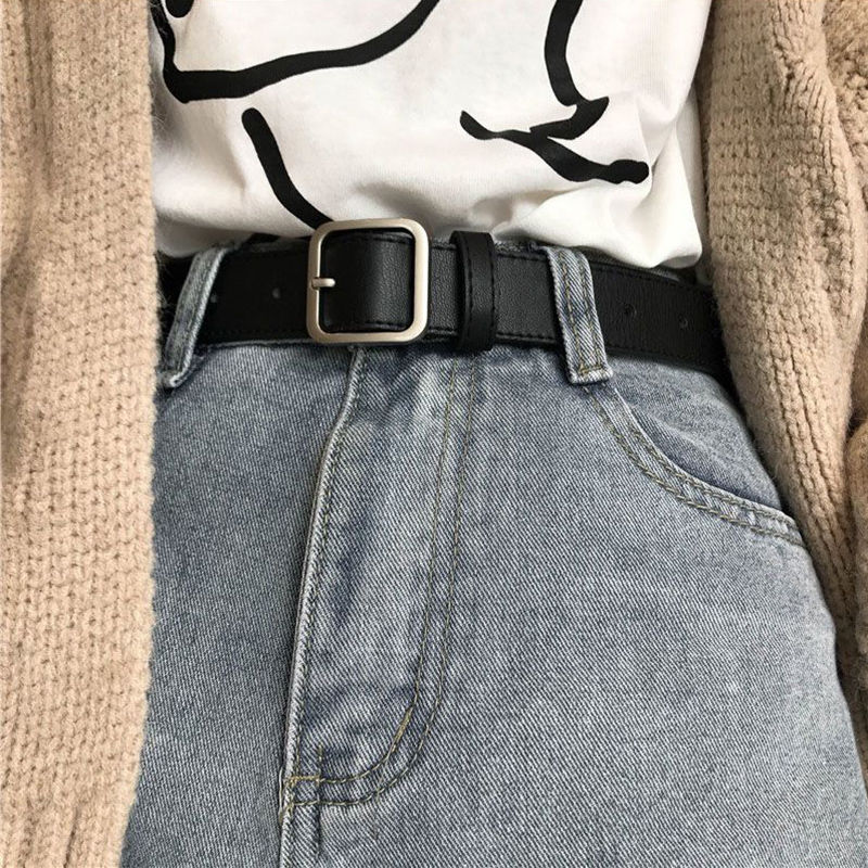 Simple style square buckle belt for men and women wide belt female students Korean fashion ins belt versatile black