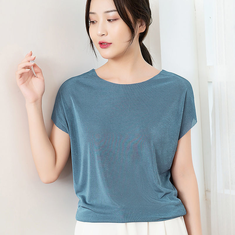 New short sleeve T-shirt women ice silk summer Korean round neck bright silk large casual thin bat sleeve bottomed loose top