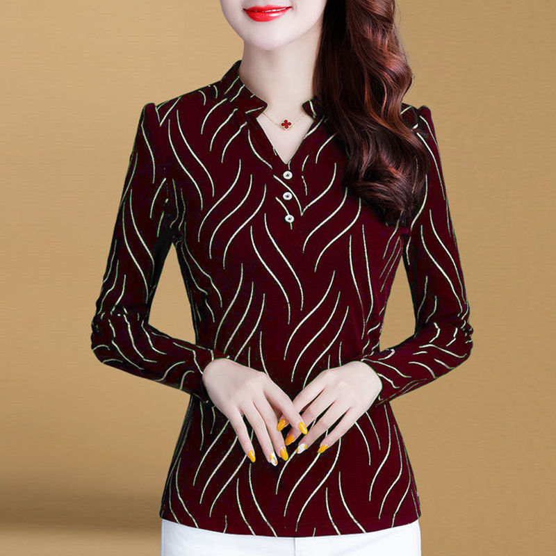 Autumn women's top 2020 new fashion slim fit spring and autumn shirt women's long sleeve bottom coat striped standing Collar Chiffon shirt