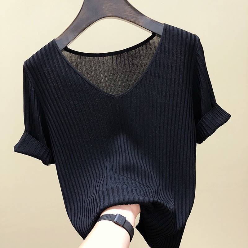Ice silk spring / summer 2020 new style T-shirt women's clothing Korean version slim bottom solid color V-neck short sleeve T-shirt fashion