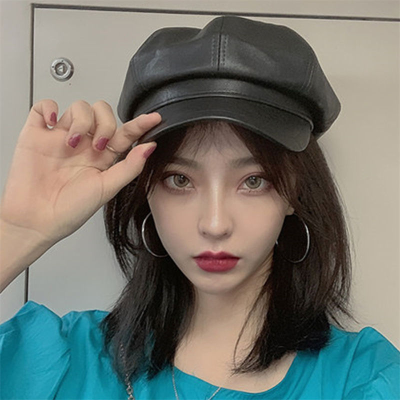 Autumn and winter British style PU leather Beret Korean Hong Kong Style versatile octagonal hat female leather retro painter bud hat