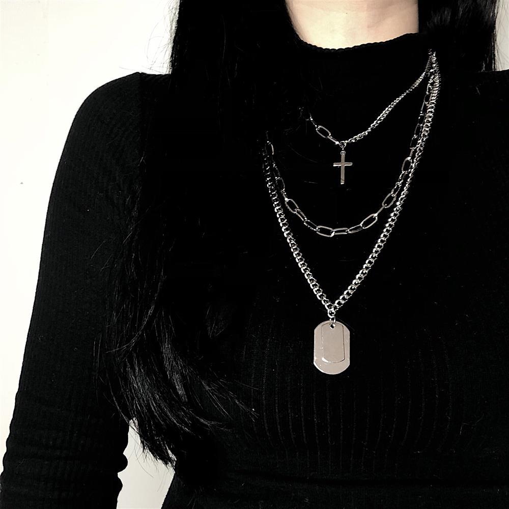 Europe, America, Japan and South Korea personalized Street hip hop dance multi-layer cross necklace hanging tag necklace pendant jewelry net red versatile