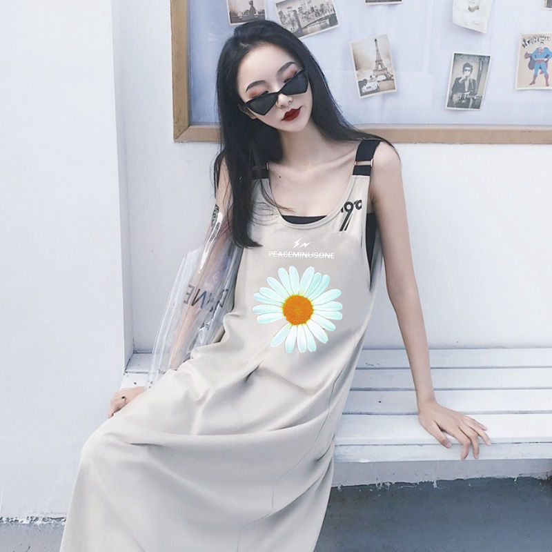 Milk silk print suspender dress for women xiains new fat mm loose large back skirt