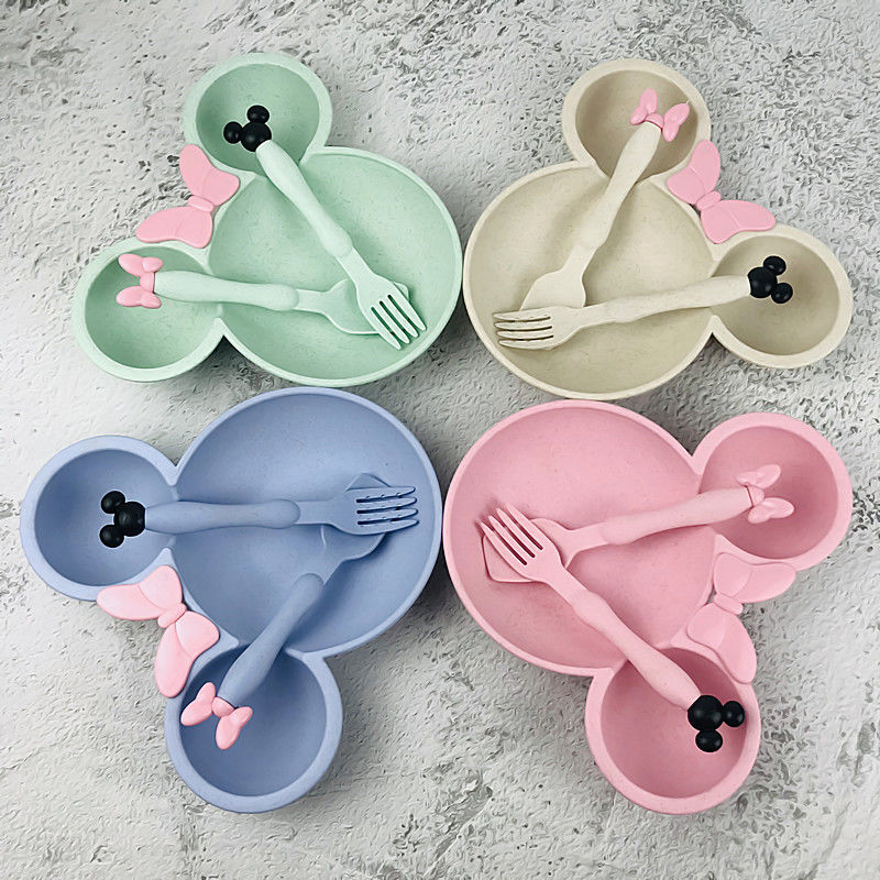 Wheat straw anti falling cartoon children's tableware bowl chopsticks set Mickey bowl baby supplementary food bowl eating plate set