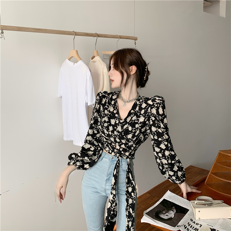 Real shot real price Hong Kong style retro V-neck floral lace up bow elegant shirt tie waist long sleeve top