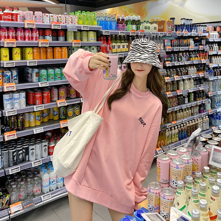 Cotton autumn Korean new loose medium length embroidery Pullover BF Long Sleeve Sweater Top girlfriends