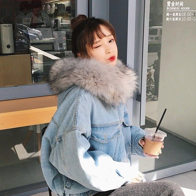 2020 winter Korean denim top women's coat loose student short plush thickened collar denim cotton dress