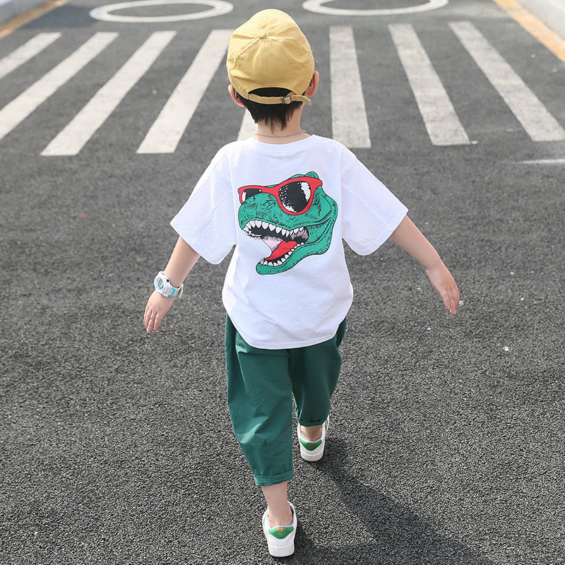 2020 new boys' suit summer wear children's short sleeve two piece set pure cotton foreign style Zhongda children's Korean dinosaur fashion suit