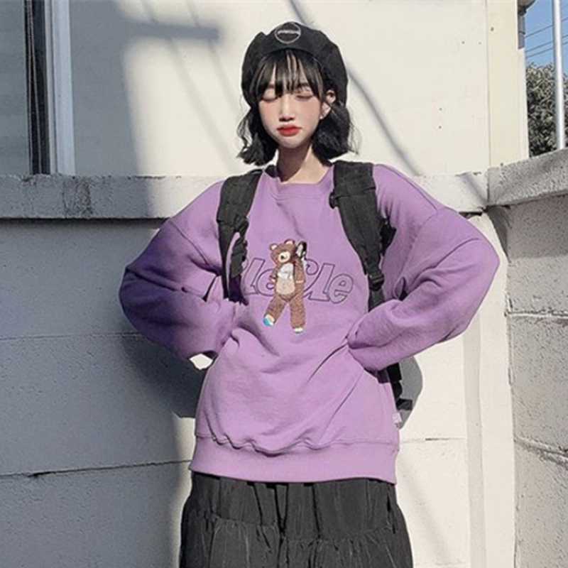 ~Cute kid girl bear embroidery cartoon sweater cover with plush sweater student Korea