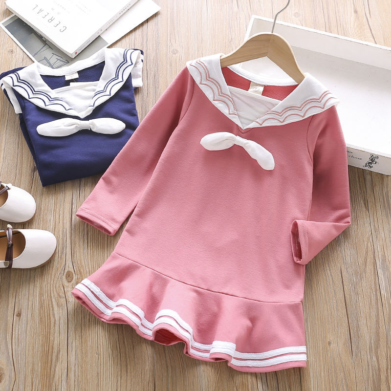 Girls autumn dress dress new Korean fashion Navy collar mid length dress children's dress foreign style skirt