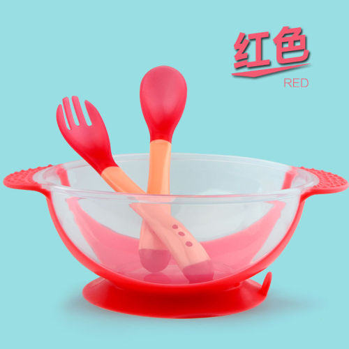 Baby children's tableware set suction cup bowl spoon cover newborn silicone temperature sensitive color changing soft spoon anti scalding eating