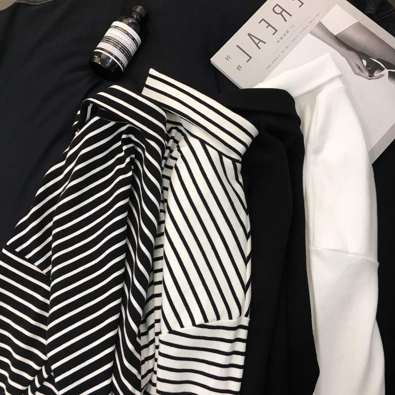 New striped high neck thin bottomed shirt for women lovers spring new Korean version with long sleeve T-shirt