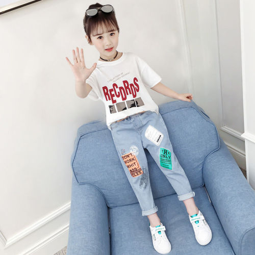 Girls summer suit 2020 new children's fashionable two piece Jeans Shorts Capris T-shirt fashion