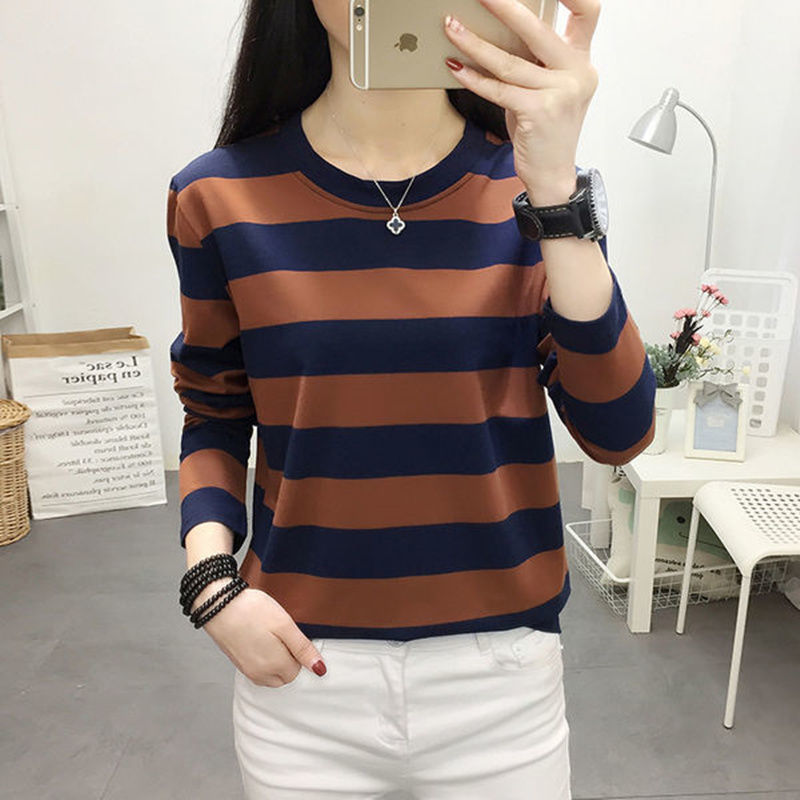 Autumn 2020 new large women's long sleeve women's bottoming shirt loose Korean striped T-shirt