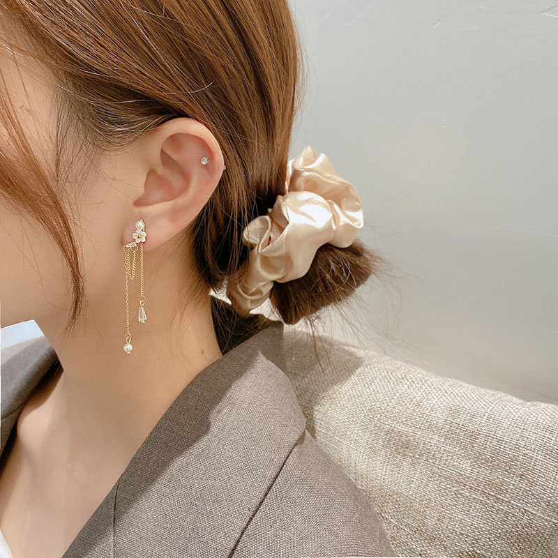 Real shot S925 silver pin small flower earrings temperament versatile personality asymmetric long Tassel Earrings Earrings