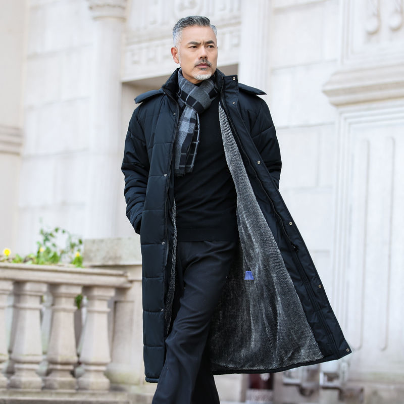 Middle aged and elderly winter Plush over knee cotton coat men's large and long style father's cotton padded jacket outdoor warm coat