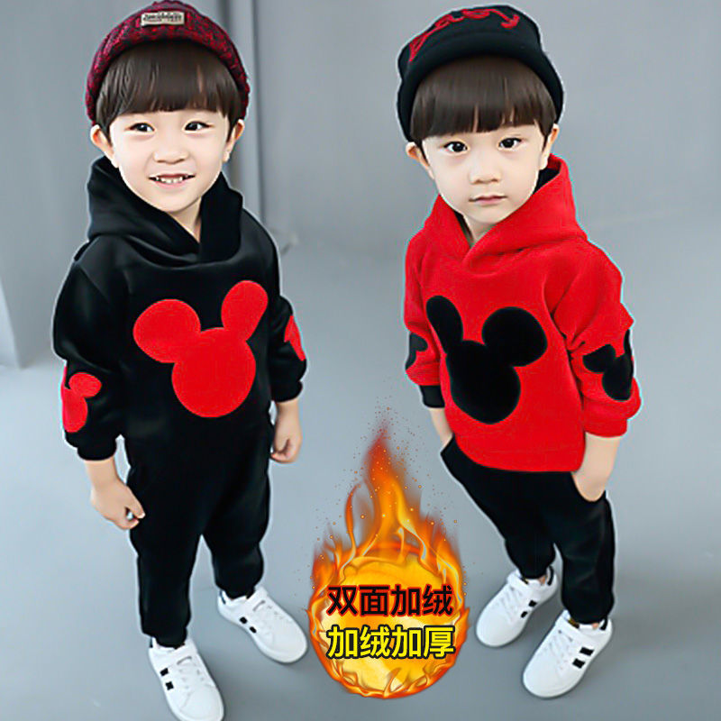Boys' autumn and winter gold velvet suit girls' winter sweater baby children's thickened double faced velvet two piece suit