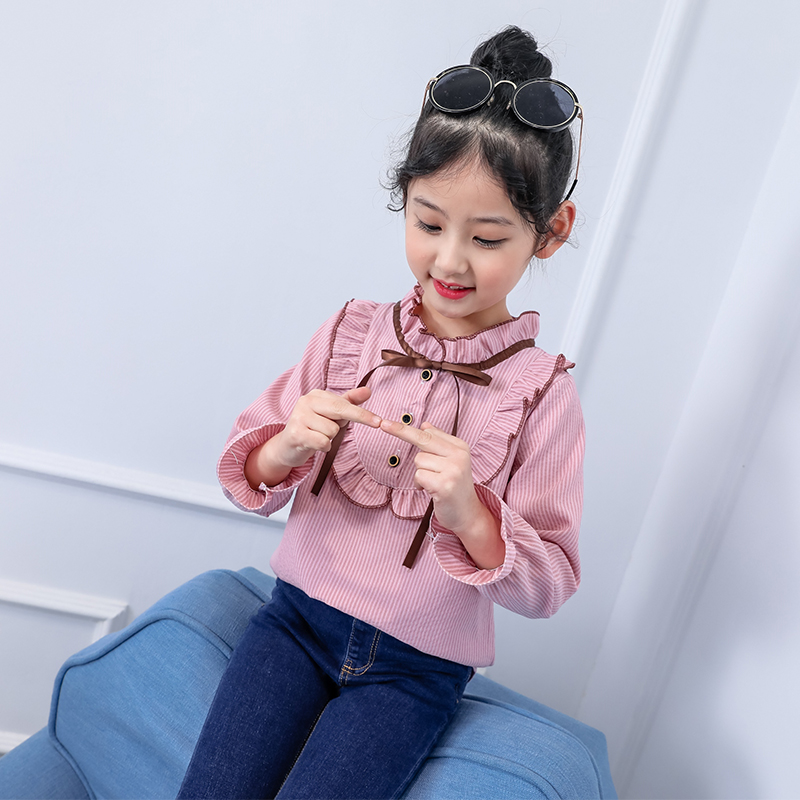 Spring and autumn 2020 new girls' striped long sleeve shirt bottoming shirt Korean fashionable casual shirt fashion