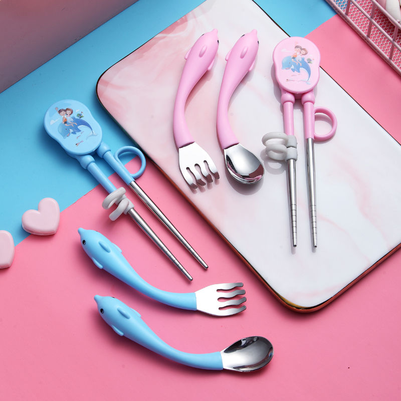 Children chopsticks baby practice training chopsticks baby spoon auxiliary food spoon learning to eat spoon fork stainless steel tableware set