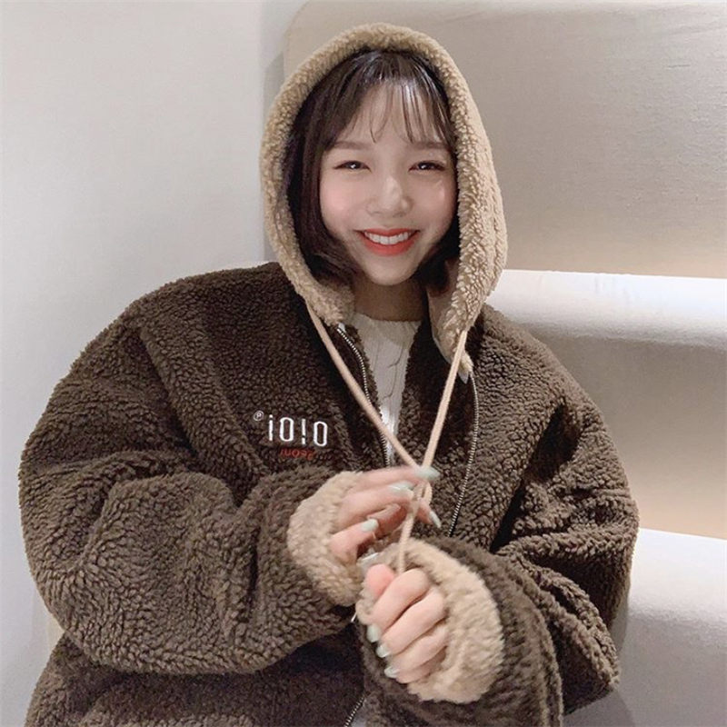 Girls College 5252 letter color matching coat lamb hair winter hoods Korea warm