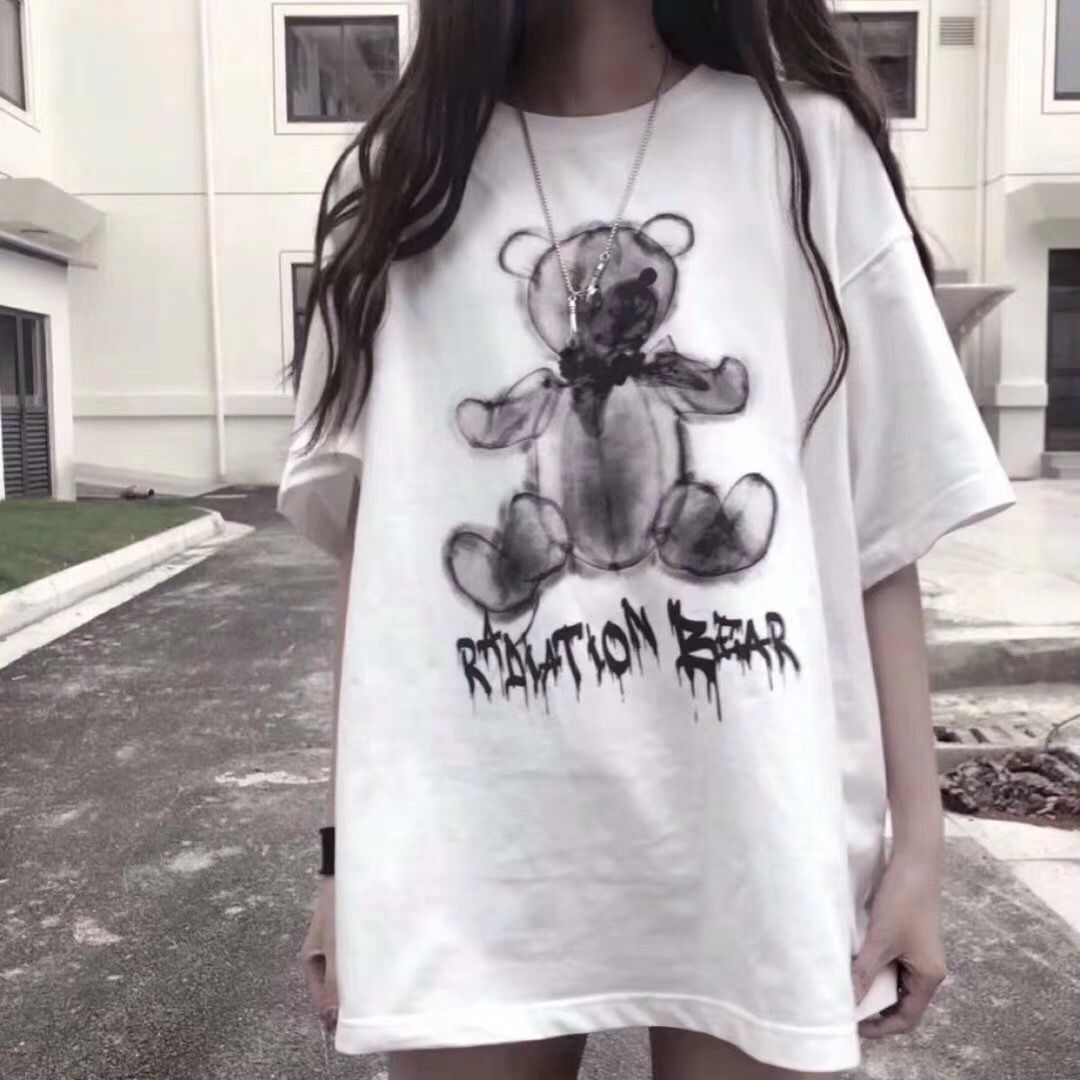 Ink short sleeve printed T-shirt women ins fashion 2020 new Korean loose half sleeve white top T-shirt for female students