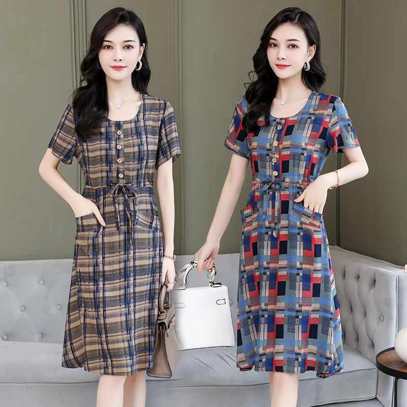 Middle aged and elderly women's summer dress cotton silk broken flower plus size loose beach skirt mother's artificial cotton skirt