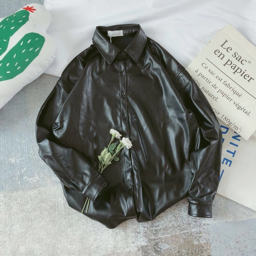 Ins super fire long sleeve shirt men and women BF hip hop trend Harajuku oversize leather shirt loose coat top