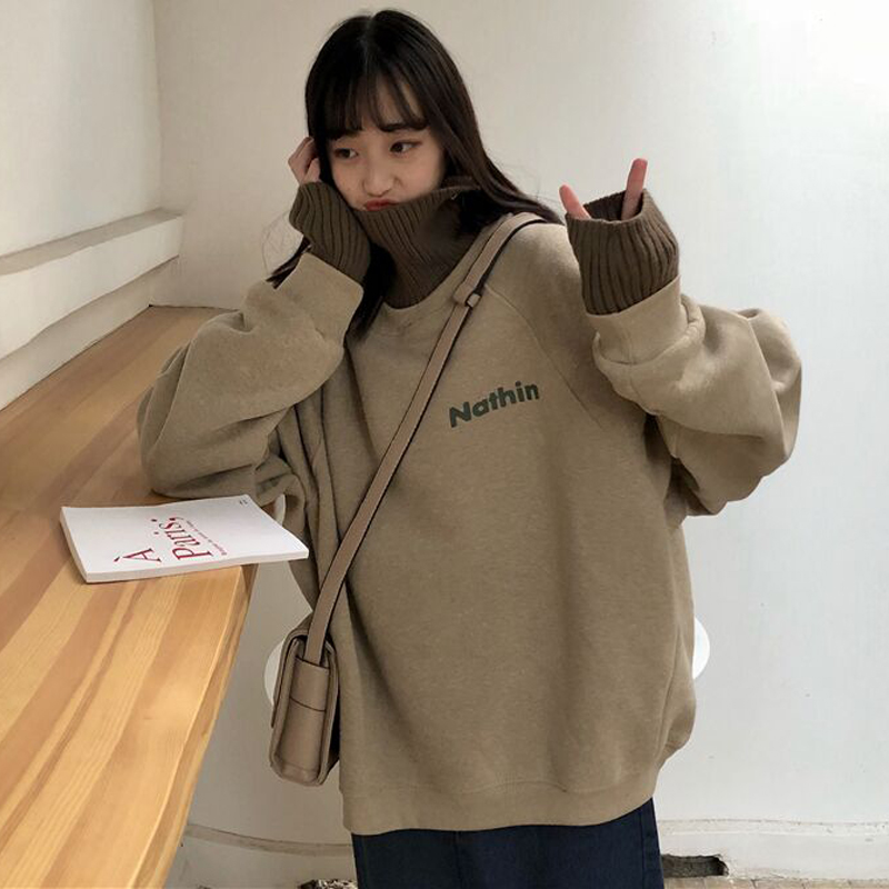 Real shot! Checked ~Warm and Gentle Sense ~Retro Loose Pullover and Fleece High-collar Letter Sanitary Clothing